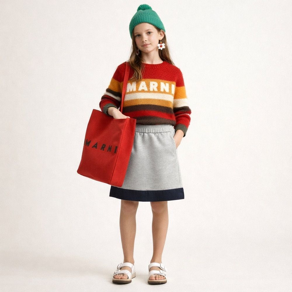 Marni Girls Grey Skirt Size 12 Made in Italy Cotton Kids Minimalist Navy Hem